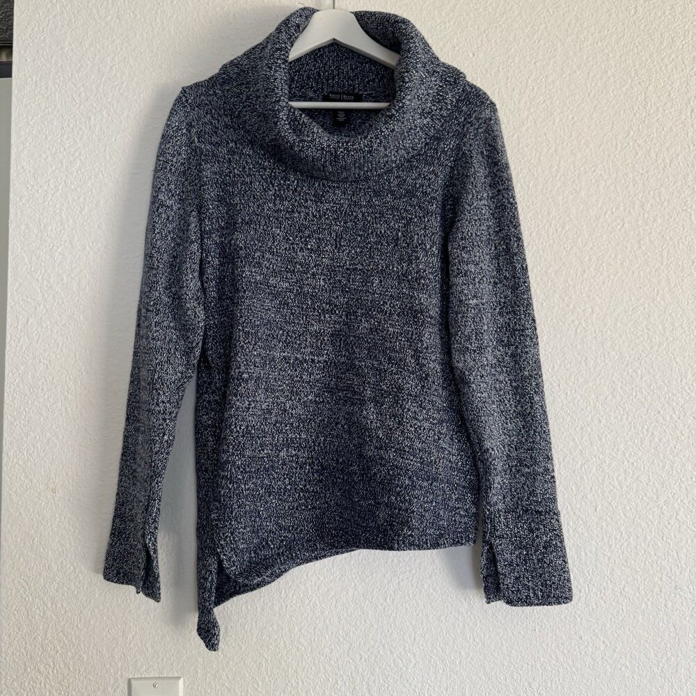 White House Black Market Turtle Neck Sweater Sz L Women Metallic Blue Cotton Ble - Picture 1 of 13